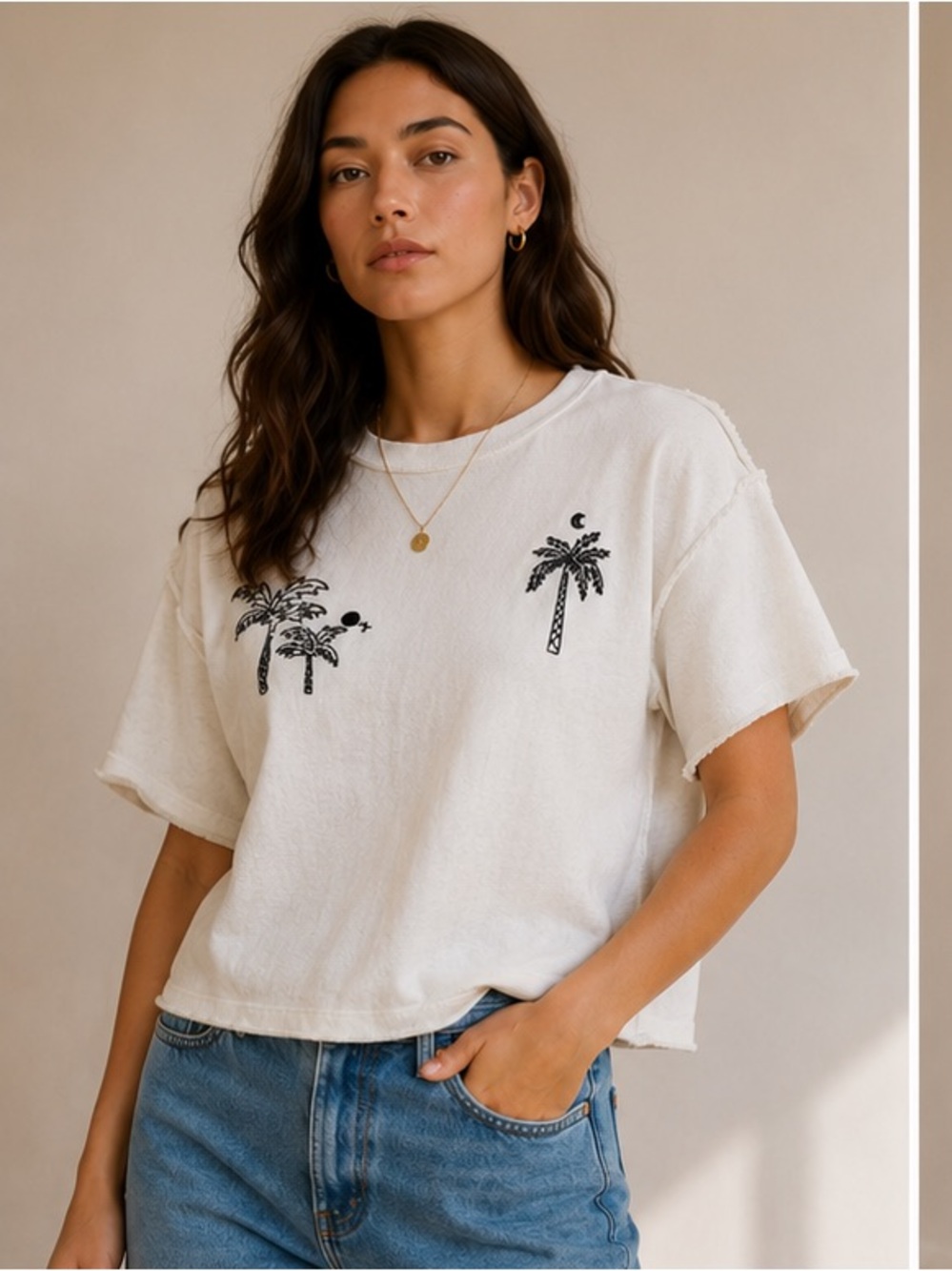 We The Free Palm Embroidered Boxy Tee Oversized Heavyweight White Size Small